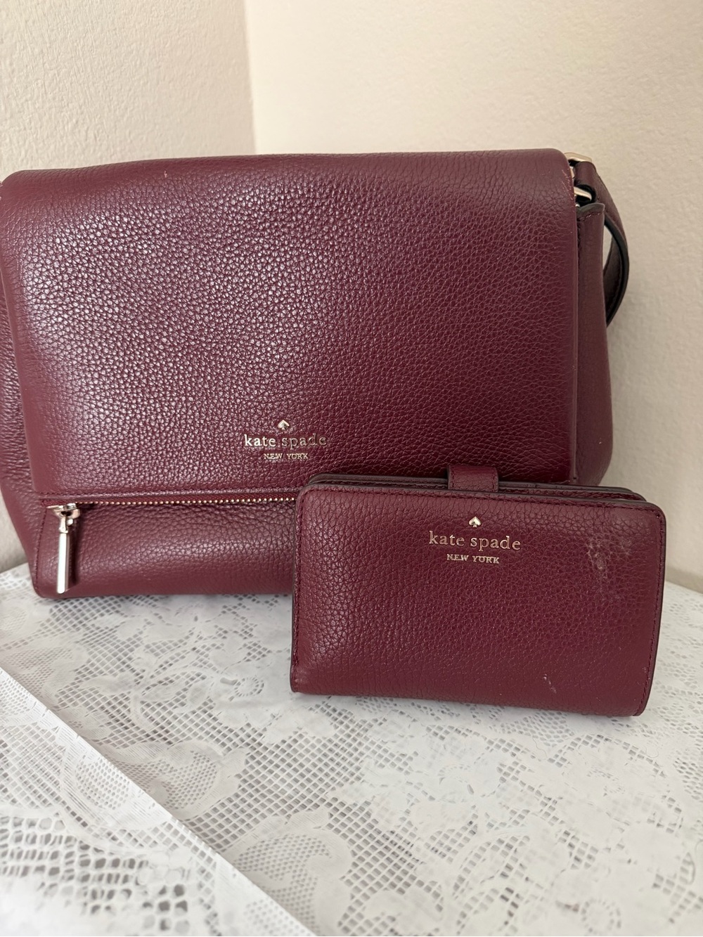 Kate Spade Jackson Burgundy Pebbled Leather Shoulder Bag + Wallet Set